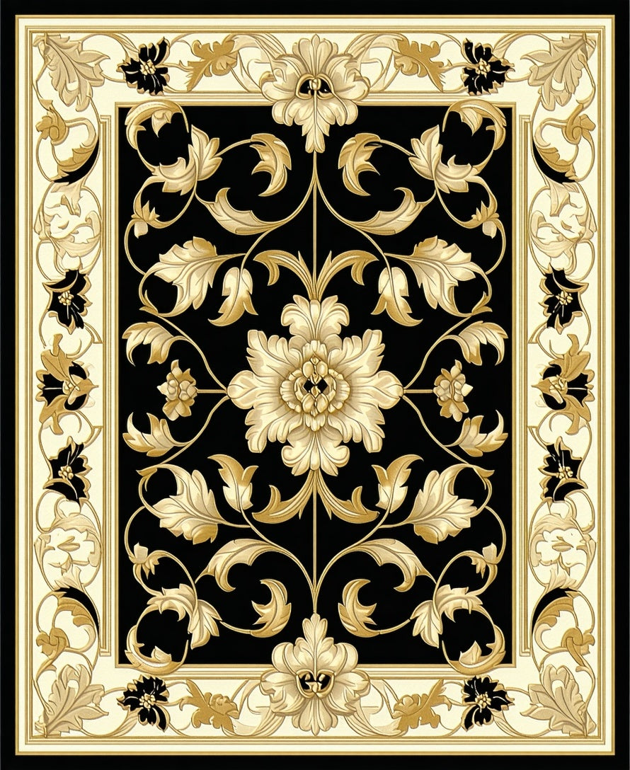 Ornate Black Gold Floral Design Rug