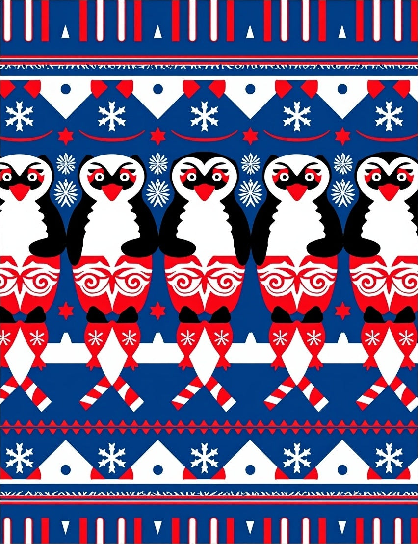 Red Blue White Penguin Snowflakes Christmas Rug