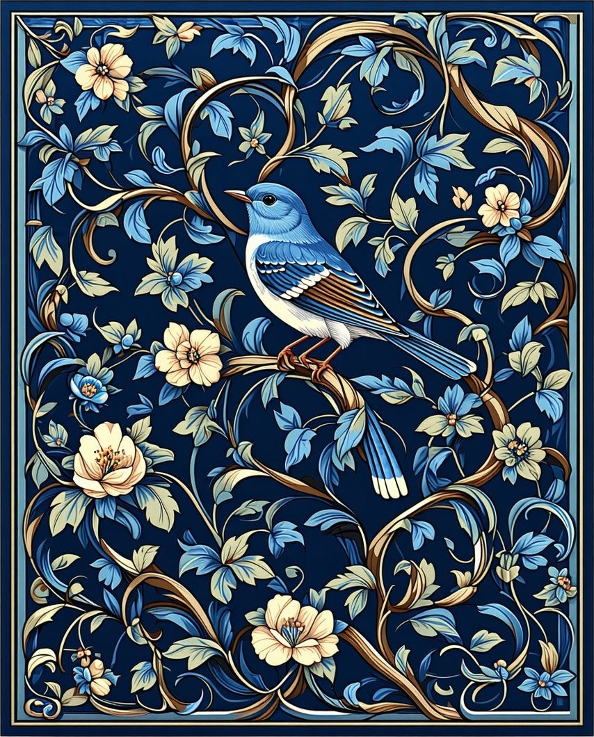 Blue Bird Floral Vine Artwork Rug