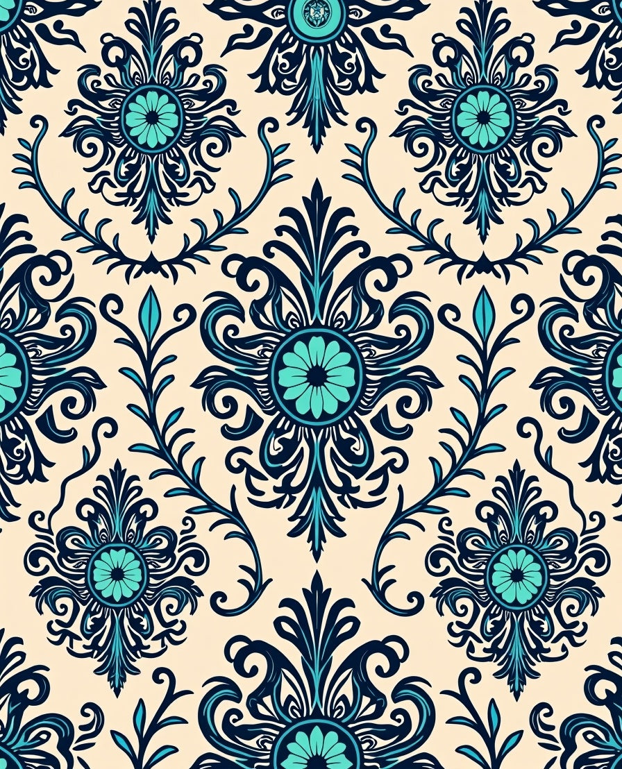 Ornate Teal Floral Damask Pattern Rug