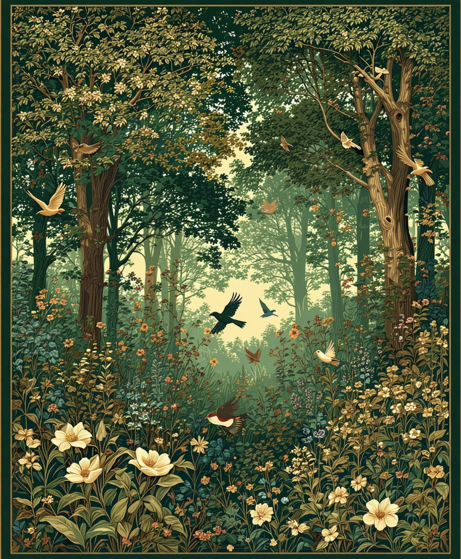 Enchanted Forest Bird Floral Scene Rug