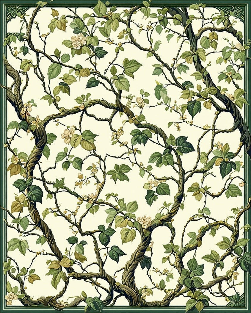 Vining Green Leaf Whimsical Floral Pattern Rug