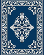 Ornate White Floral Medallion Navy Rug