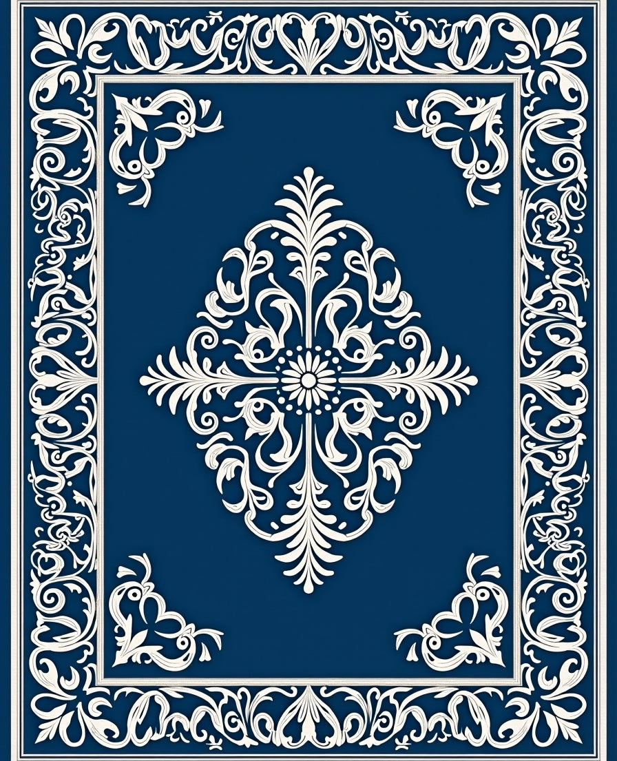 Ornate White Floral Medallion Navy Rug