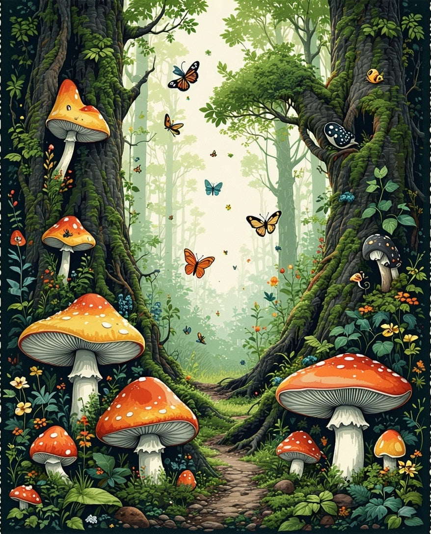 Enchanted Forest Mushroom Butterfly Design Rug
