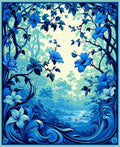 Deep Blue Floral Forest Scene Rug