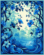 Deep Blue Floral Forest Scene Rug