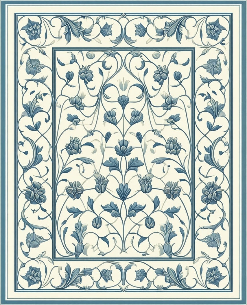 Classic Blue Botanical Floral Filigree Rug