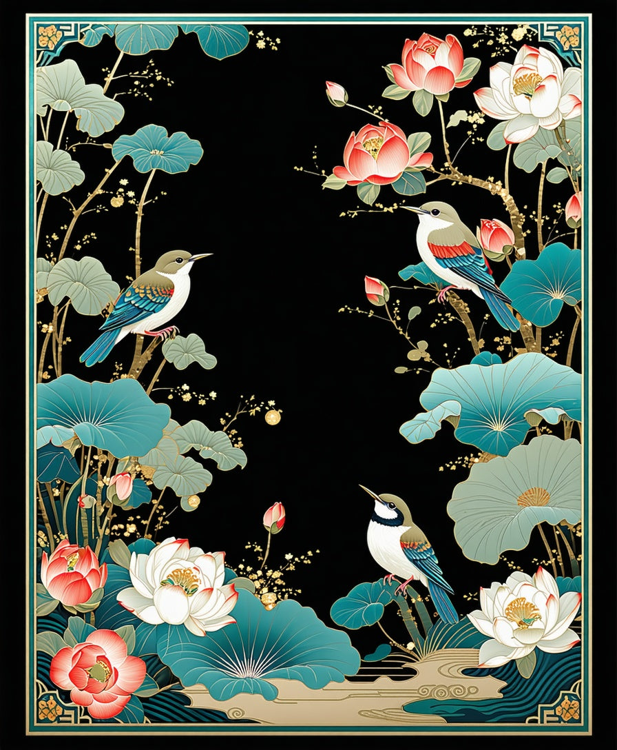 Birds And Lotus Floral Pattern Rug