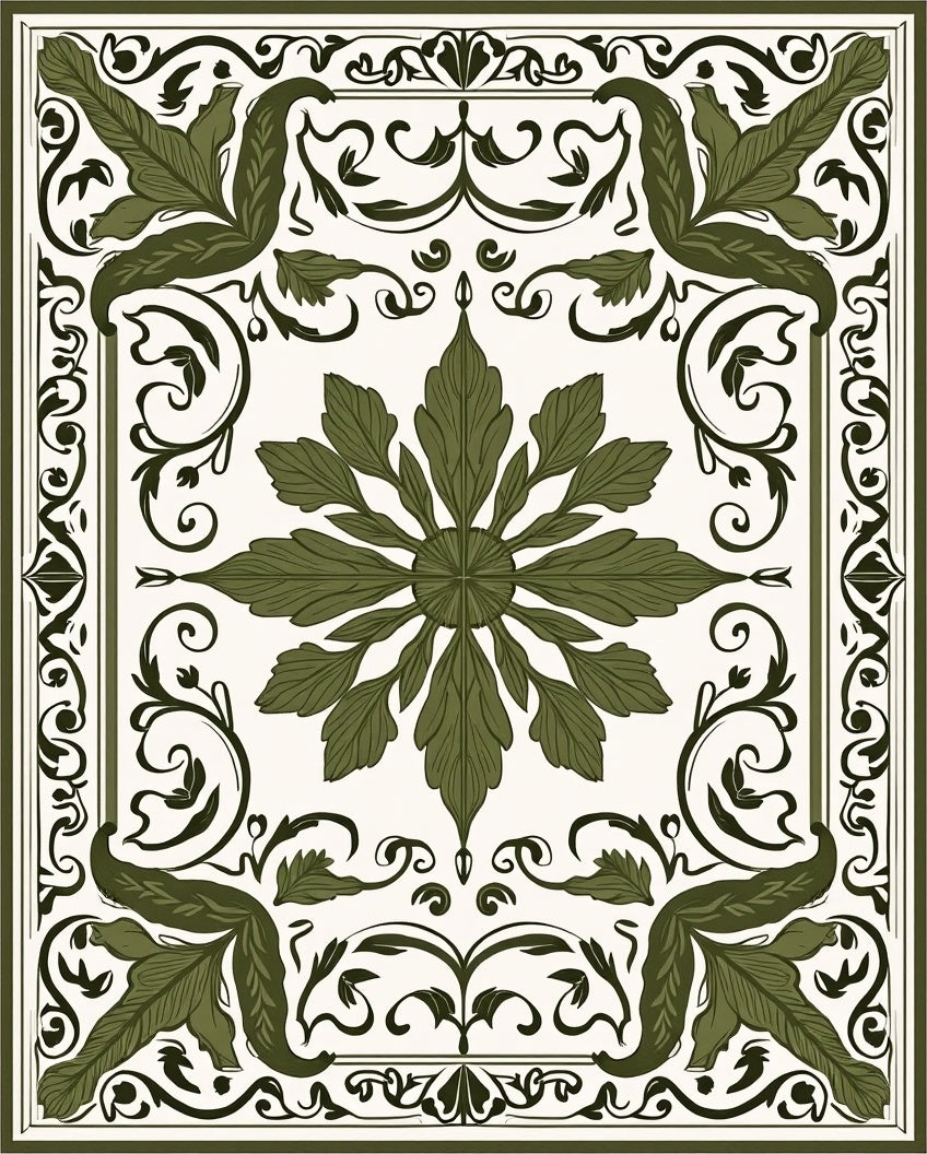 Green Leaf Medallion Floral Motif Rug