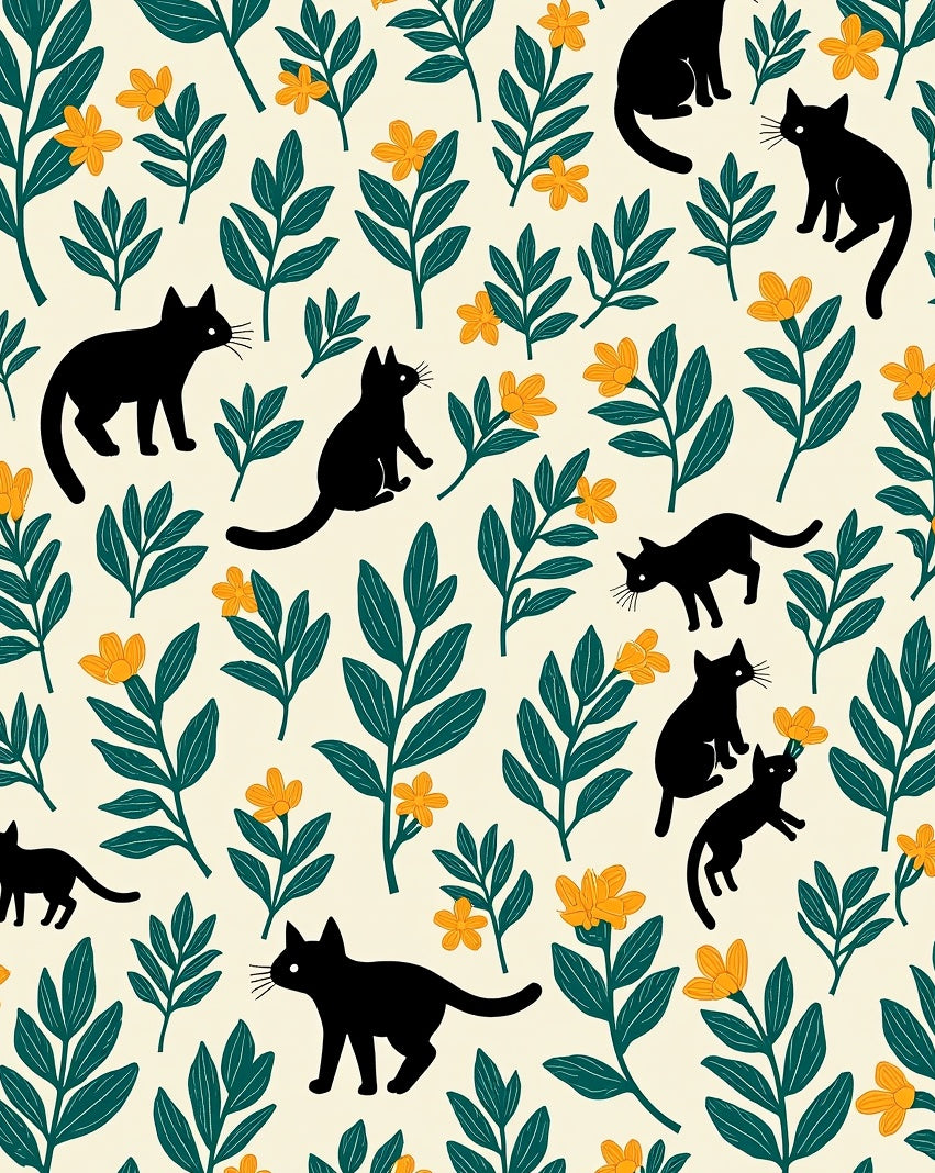 Whimsical Black Cats Orange Flowers Pattern Rug