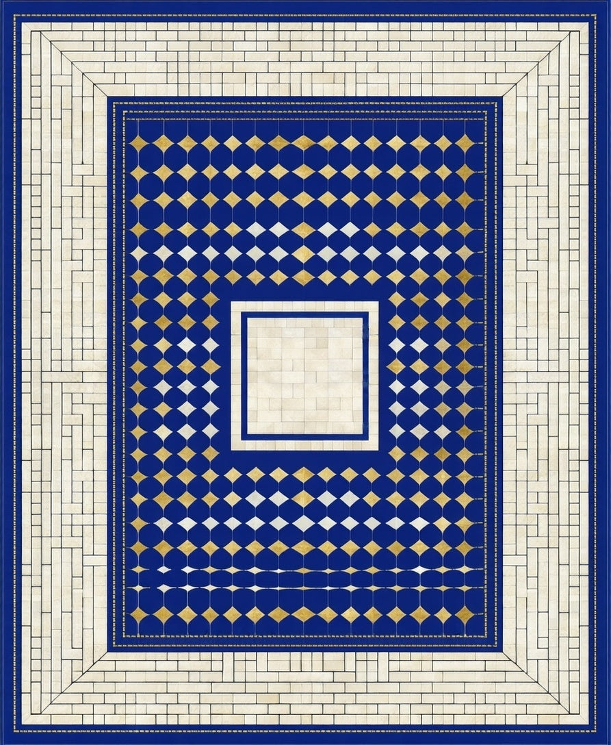 Classic Blue Gold Geometric Tile Rug