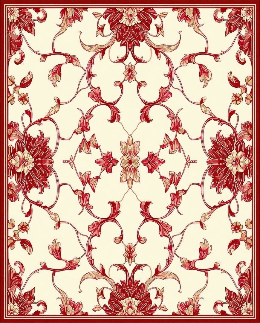 Elegant Red Floral Swirl Pattern Rug