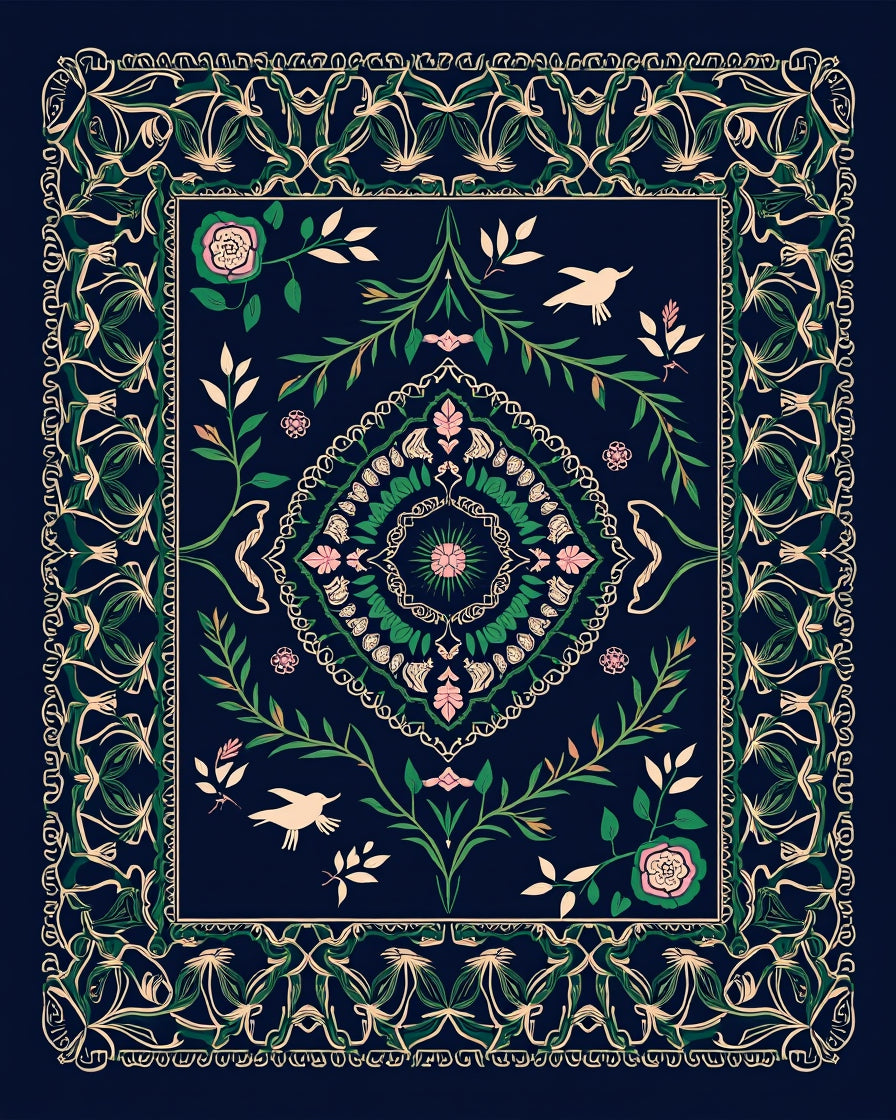 Floral Birds With Intricate Scrollwork Design Rug
