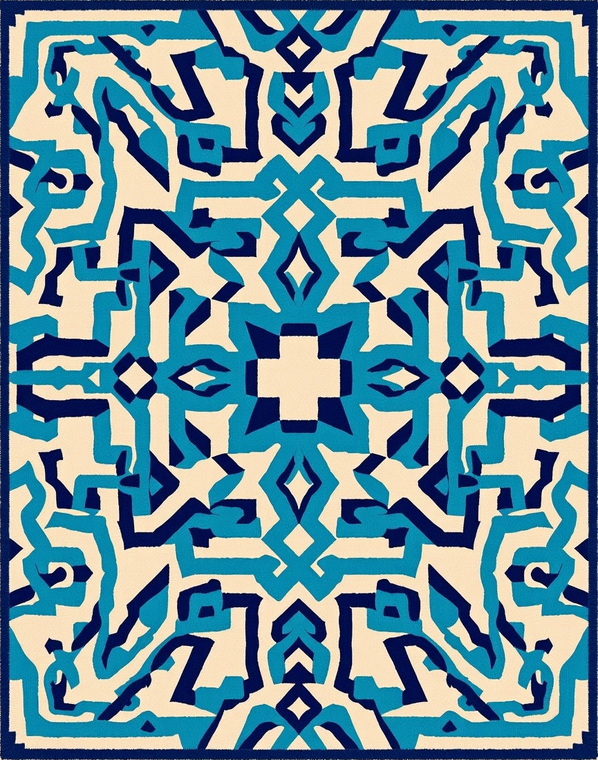 Abstract Blue Geometric Maze Rug