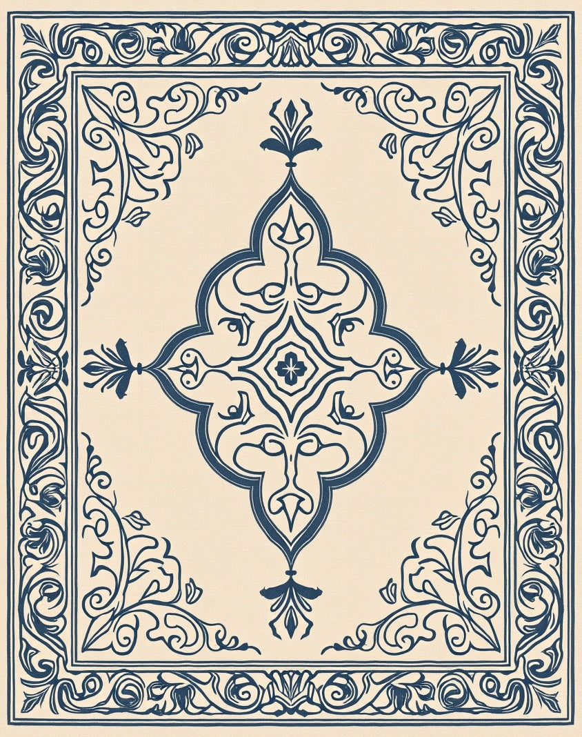 Ornate Navy Scrollwork Ceramic Tile Rug