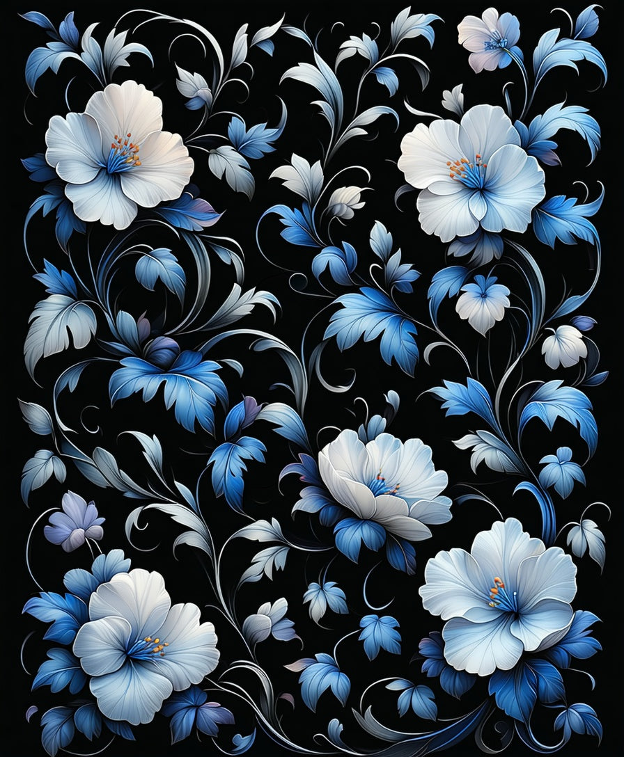 White Blue Floral Vine Pattern Rug