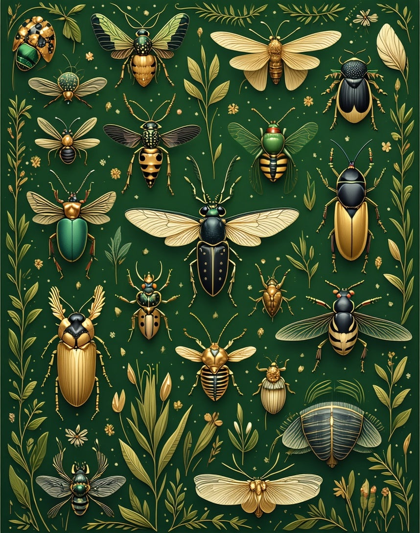 Botanical Insects Gold Green Pattern Rug