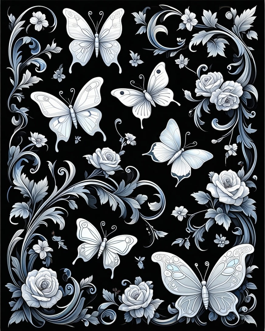 Vintage Butterfly and Rose Scroll Pattern Rug