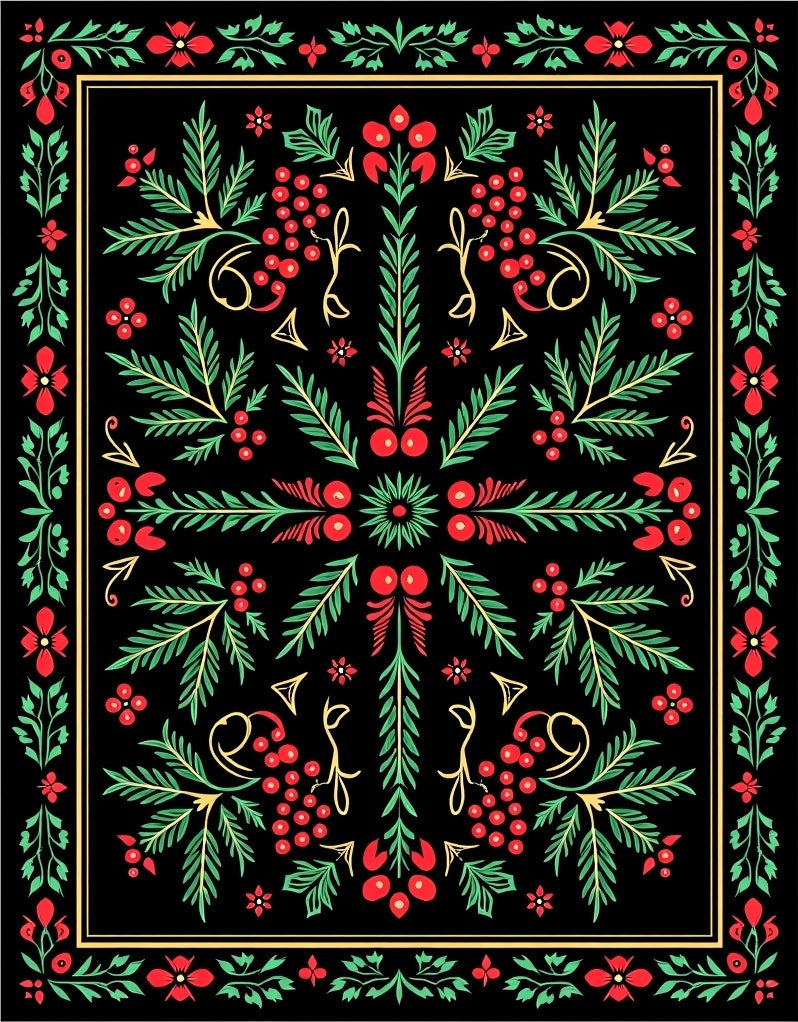 Folk Red Berry Green Leaf Accents Rug