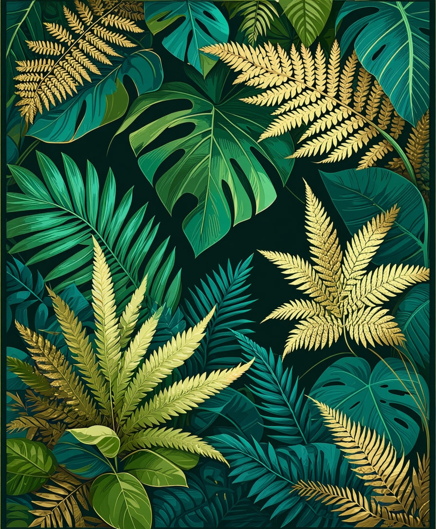 Lush Tropical Green and Gold Ferns Rug