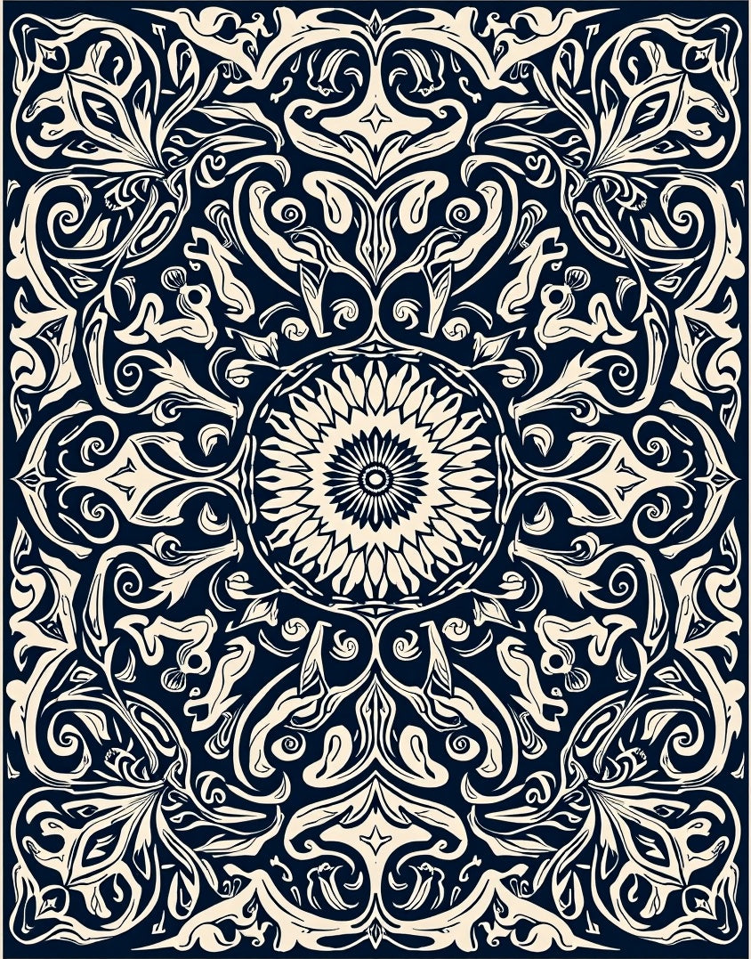 Ornate Dark Floral Mandala Design Rug
