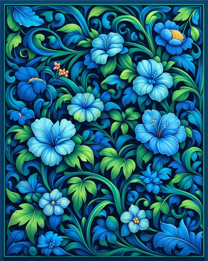 Deep Blue Floral Swirls Rug