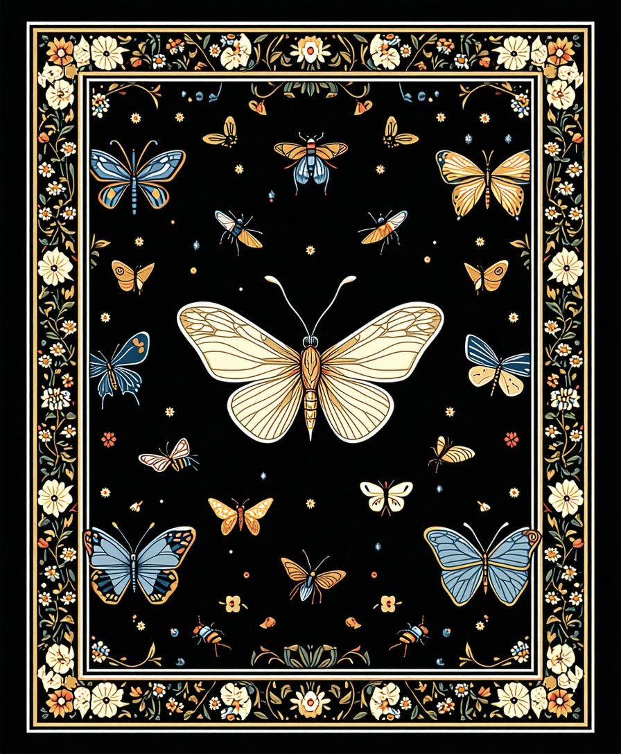 Floral Butterfly Whimsical Black Rug