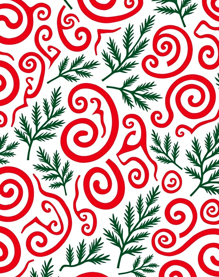 Red Swirls with Green Fir Branches Rug