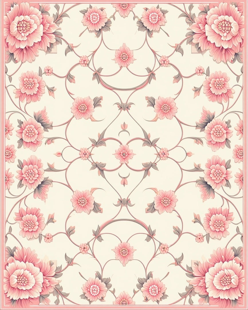 Pink Floral Pattern With Swirling Vines Rug