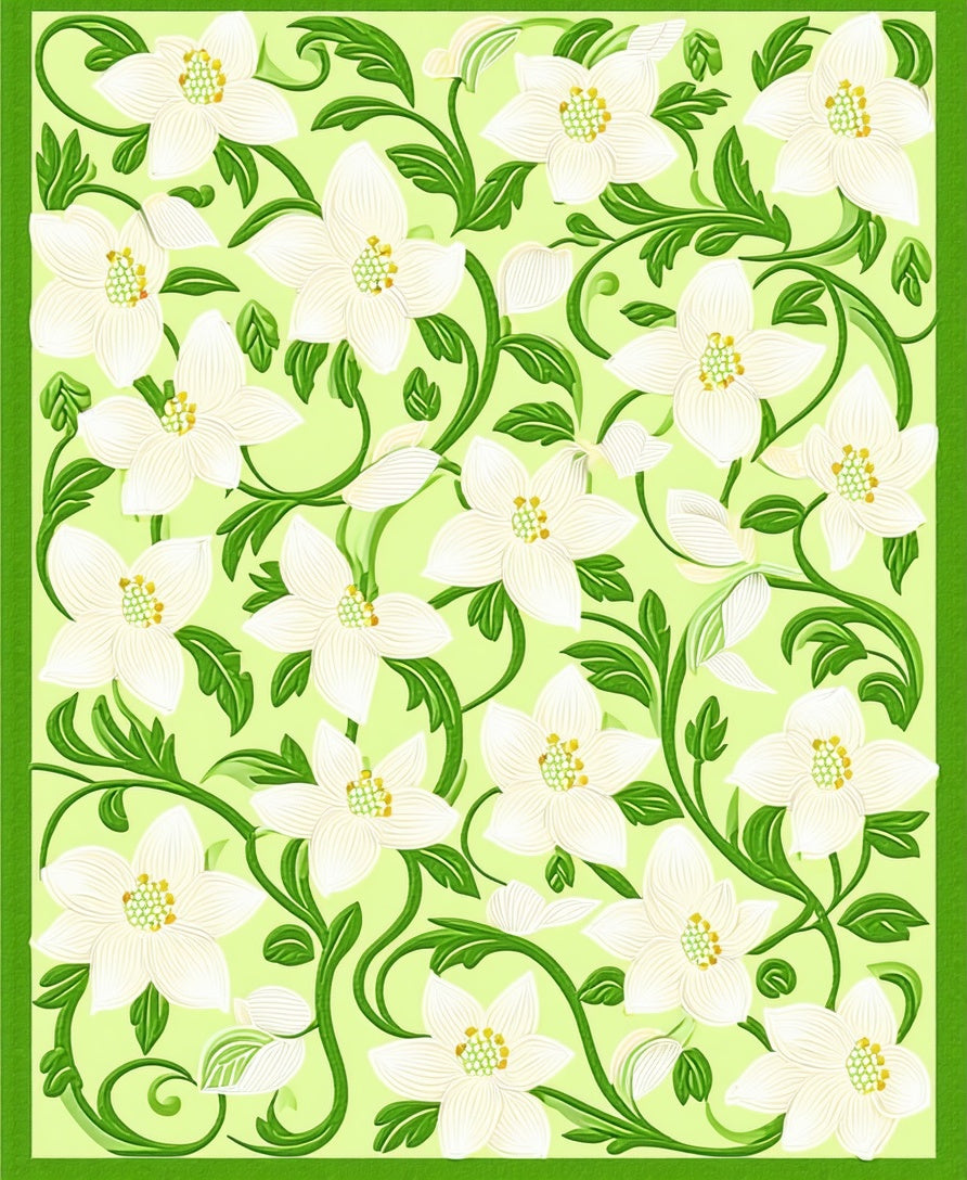 White Floral Green Vine Pattern Rug