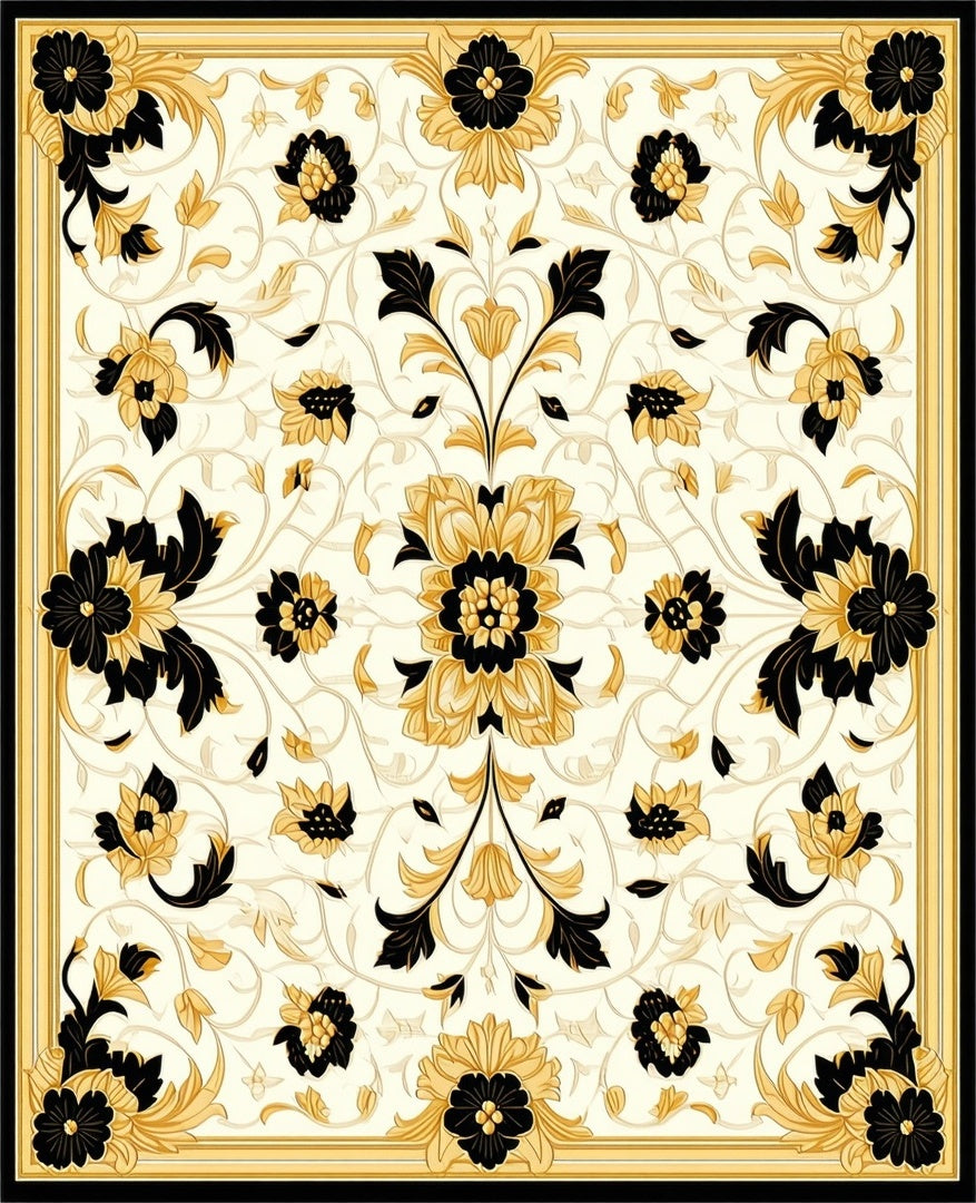 Elaborate Black and Gold Floral Design Rug