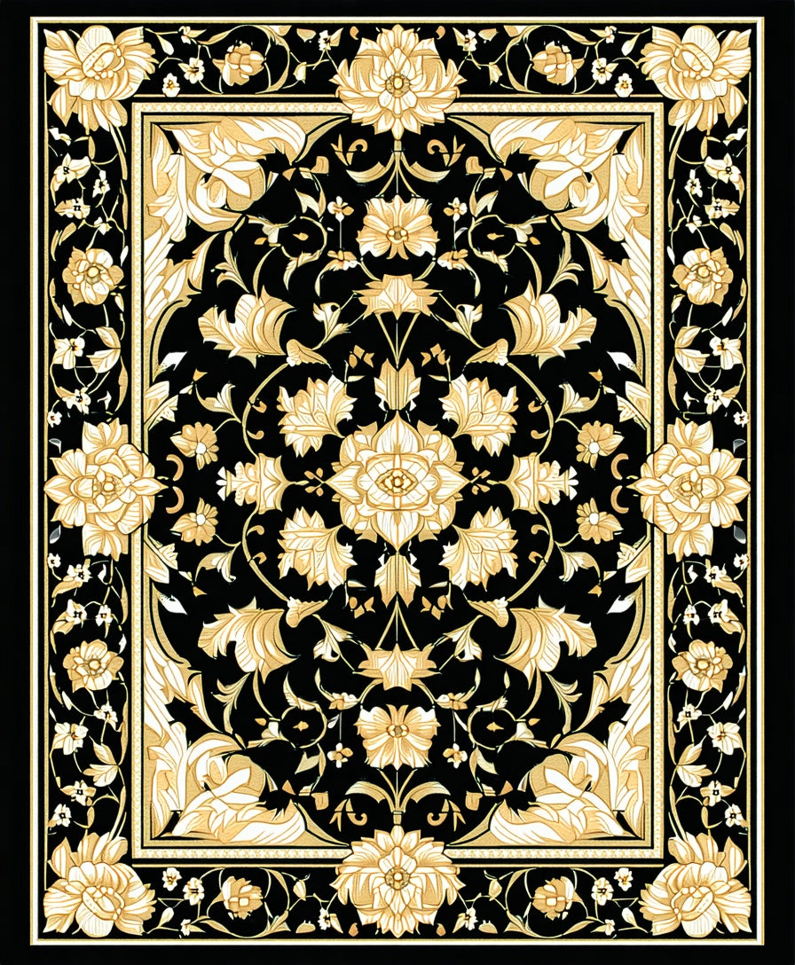 Elegant Black Gold Floral Pattern Rug