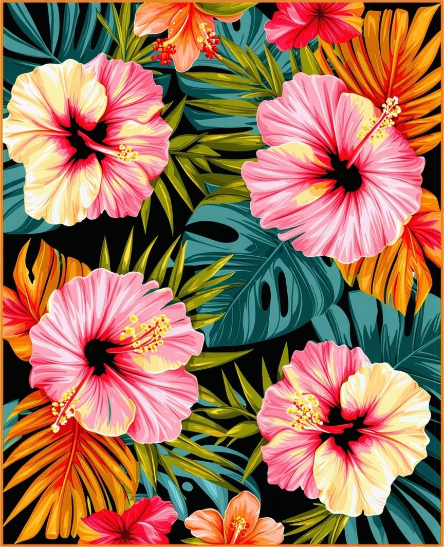 Tropical Hibiscus Palm Leaf Design Rug
