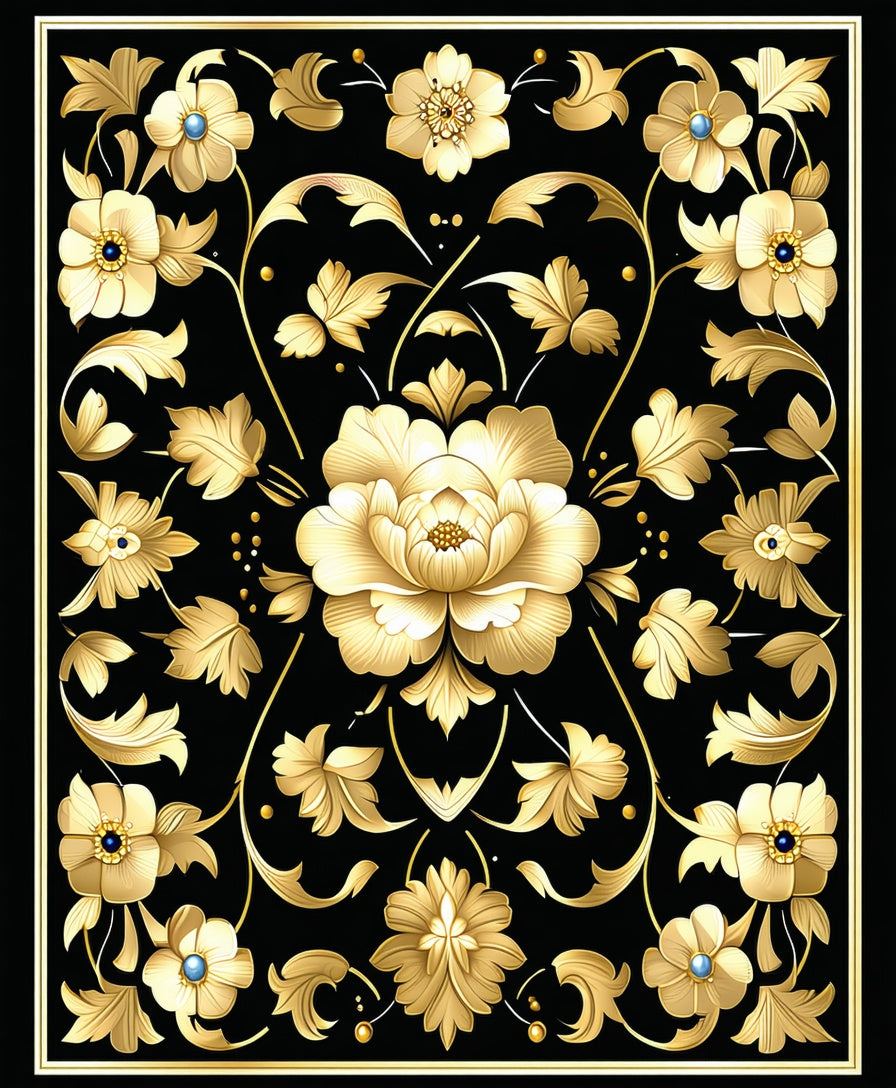 Elegant Gold Floral Black Pattern Rug
