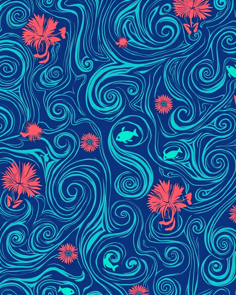 Oceanic Swirls And Floral Motifs Rug