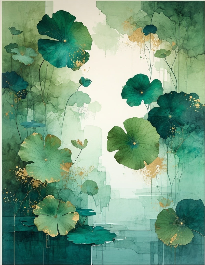 Emerald Lotus Botanical Watercolor Design Rug