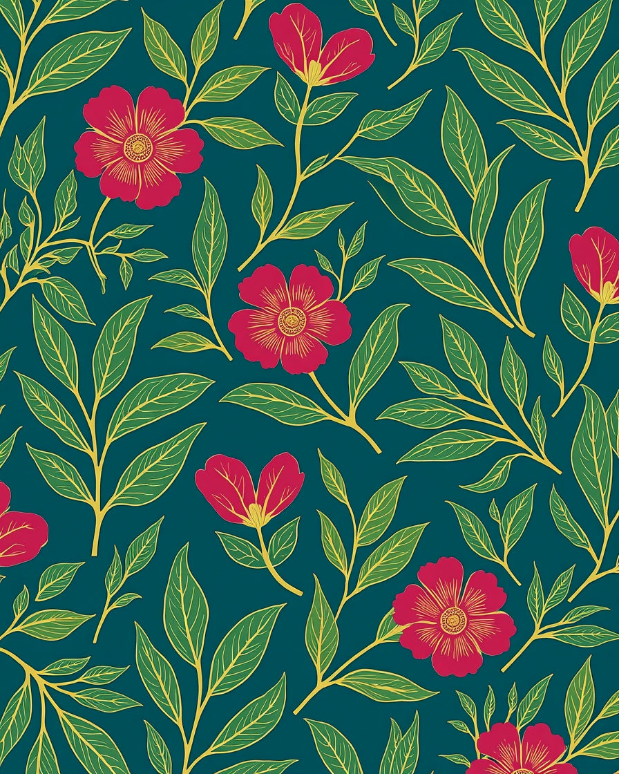 Rich Red Floral Leaf Pattern Rug