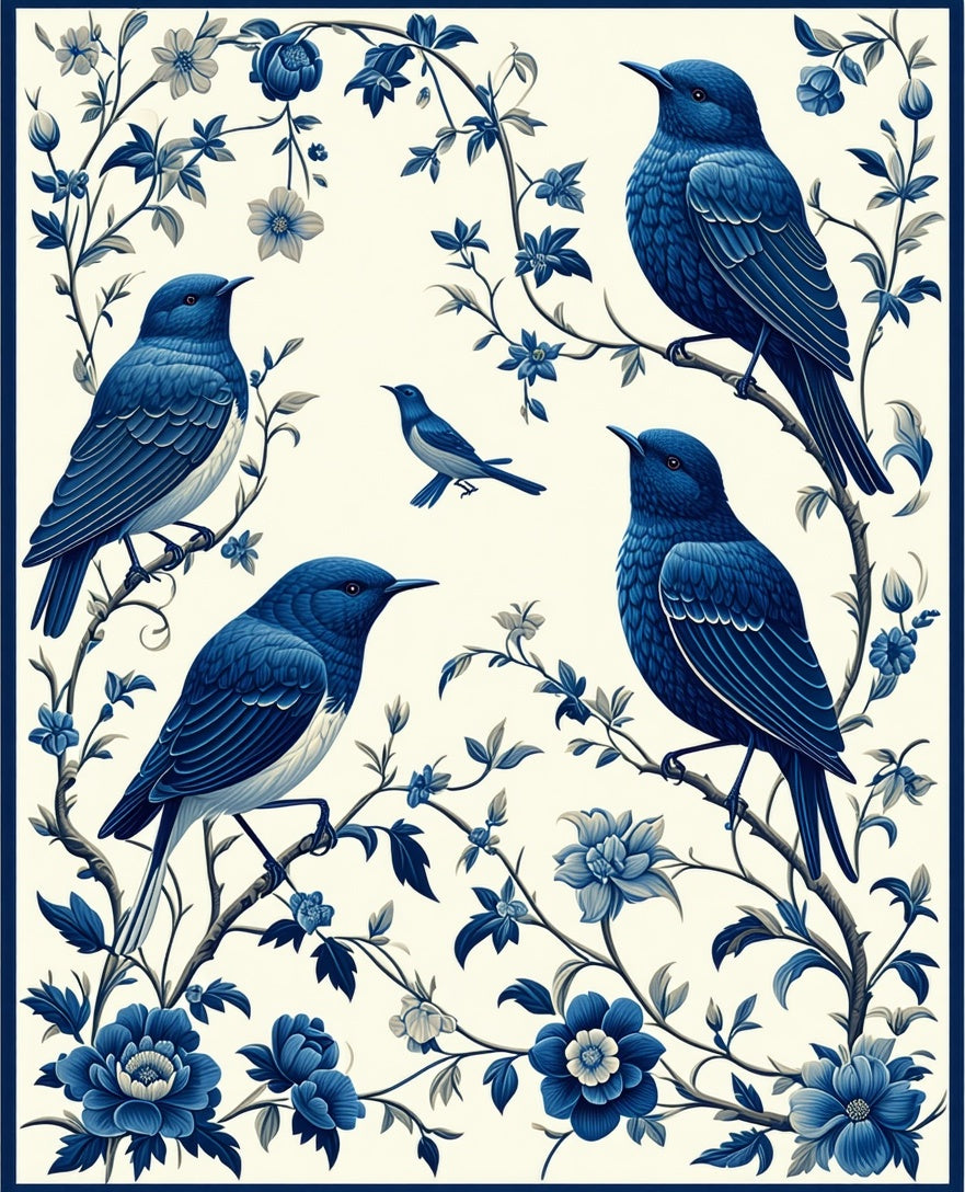 Blue Birds Blossoms Floral Design Rug