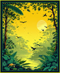 Lush Jungle River Wildlife Scene Rug