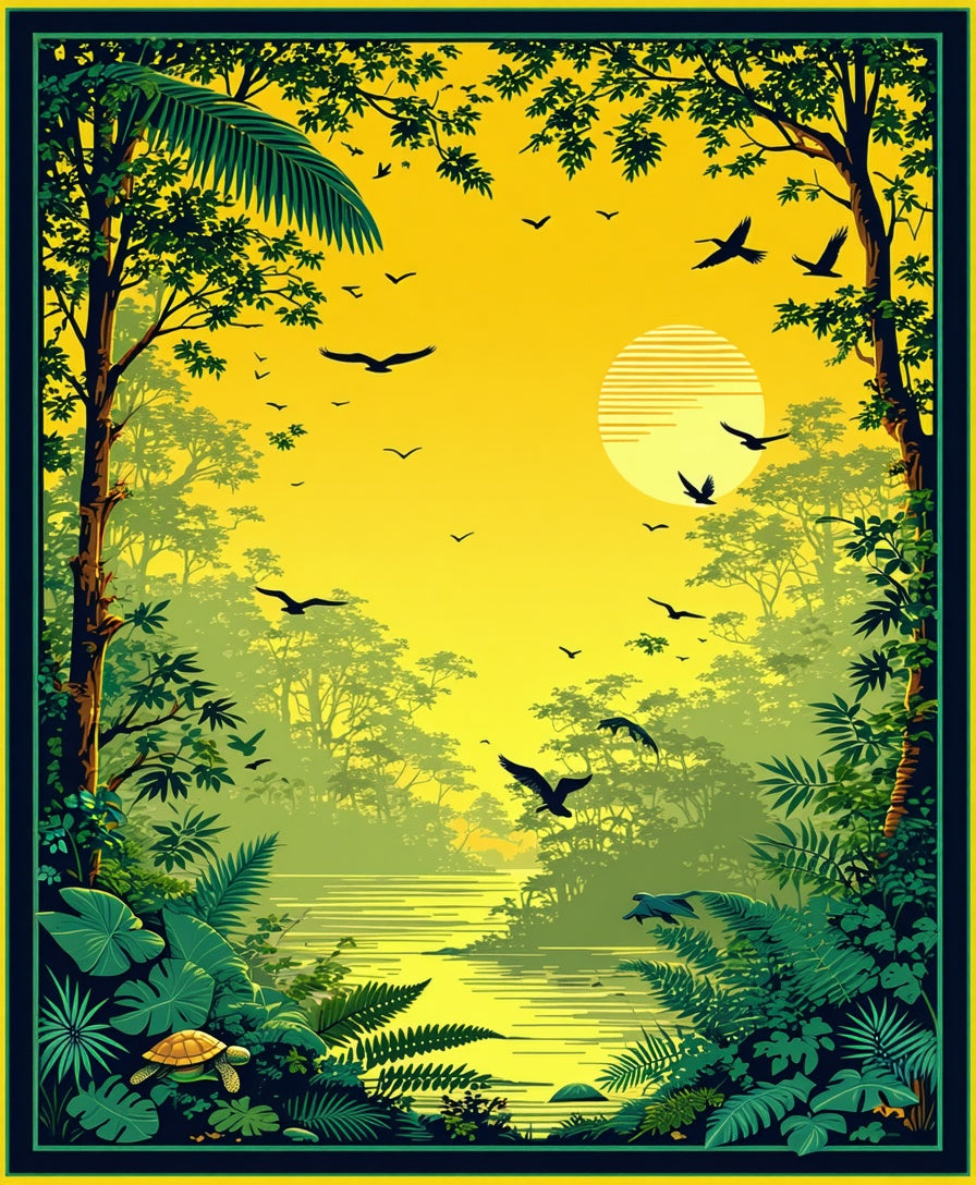 Lush Jungle River Wildlife Scene Rug