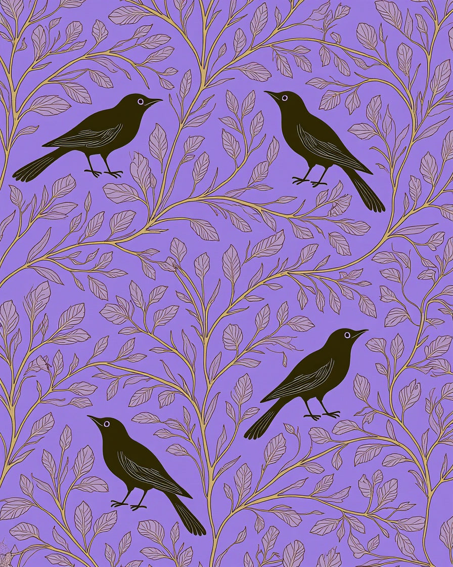 Black Birds on Lavender Branches Rug
