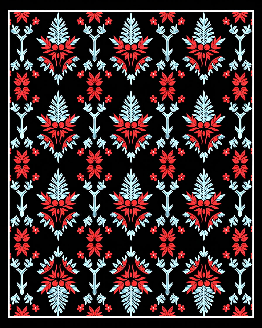Red Blue Floral Damask Black Background Rug