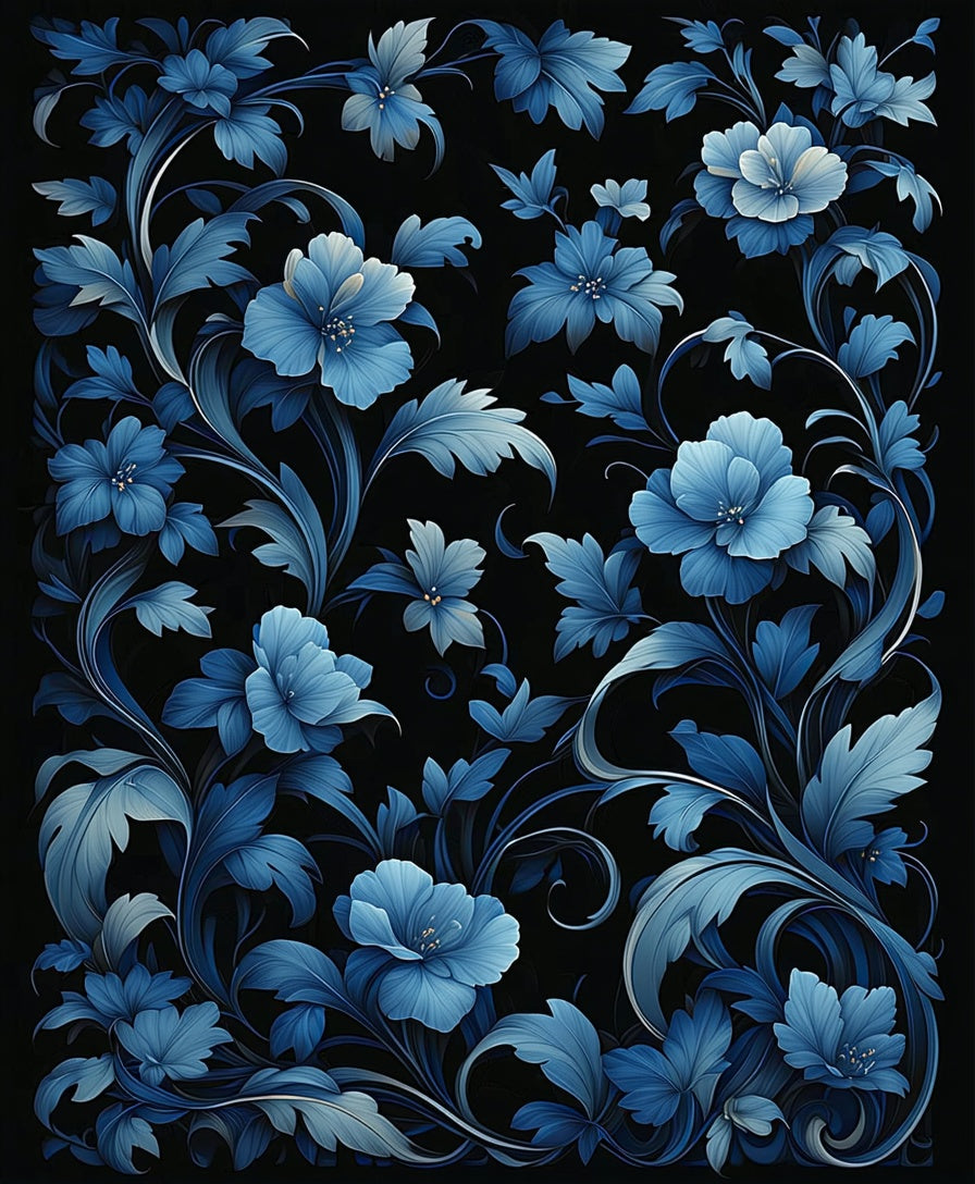 Indigo Floral Vine Pattern Rug
