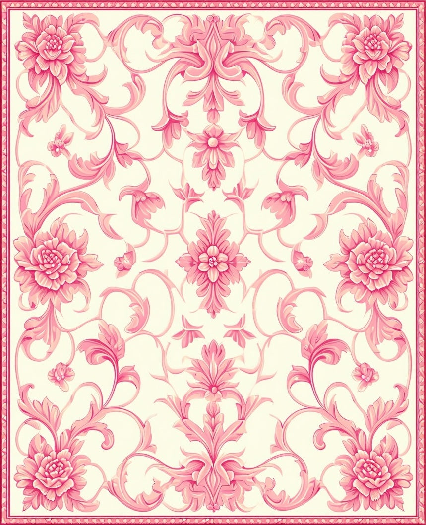 Ornate Pink Floral Damask Pattern Rug