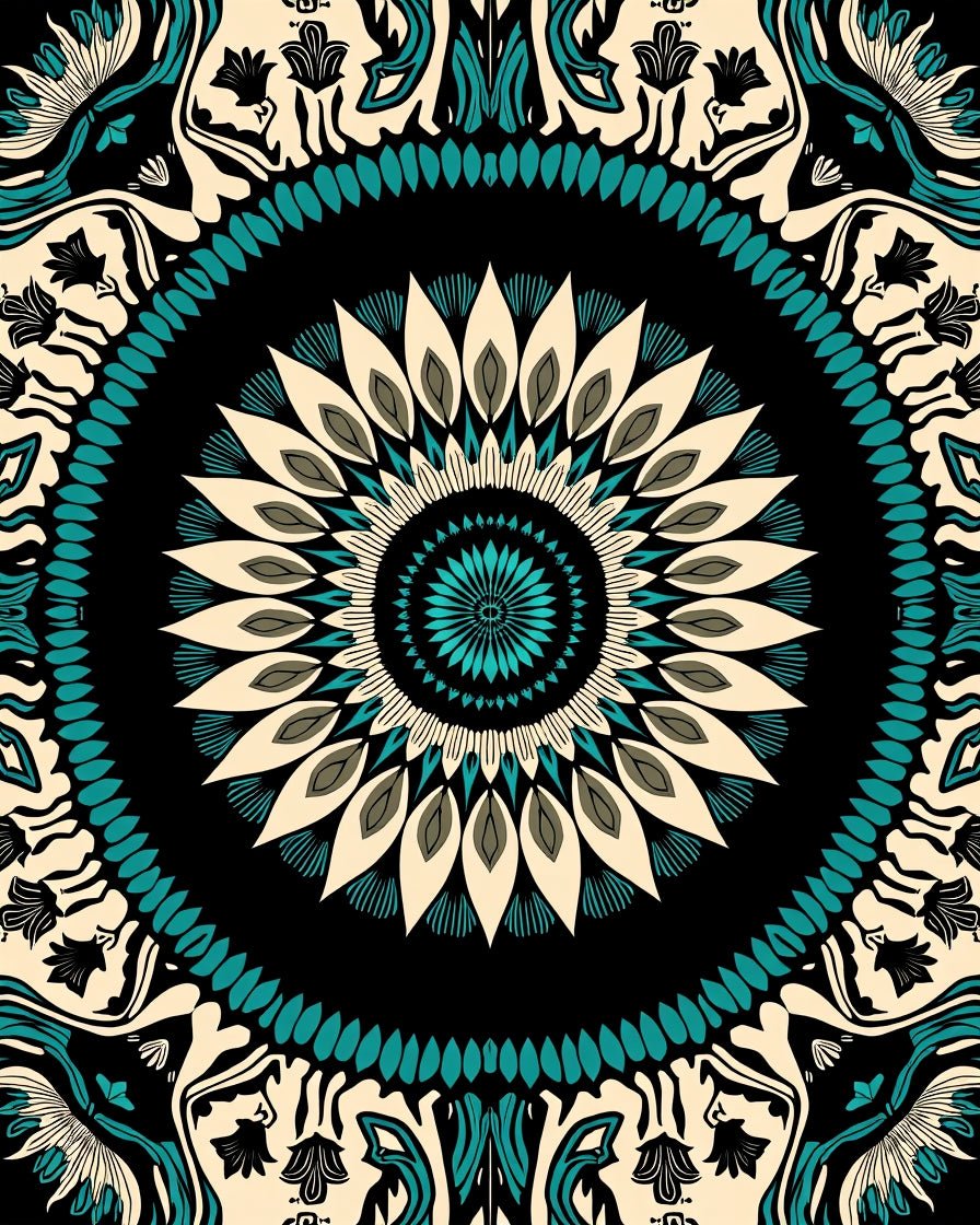 Intricate Teal Floral Mandala Design Rug