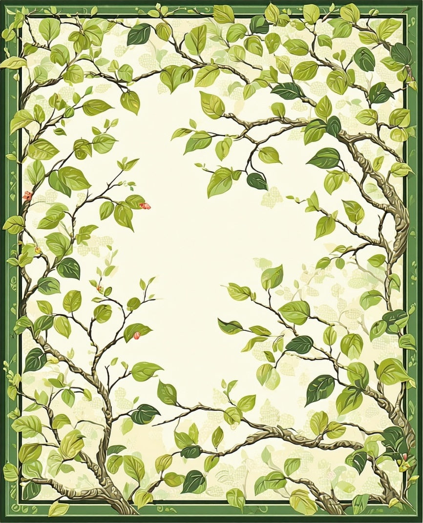 Green Leafy Branch Border Pattern Rug
