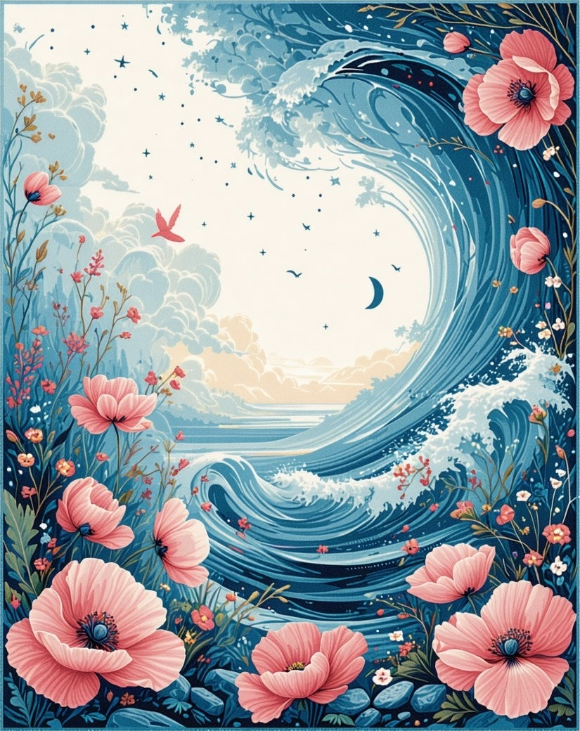 Pink Poppy Floral Ocean Wave Design Rug