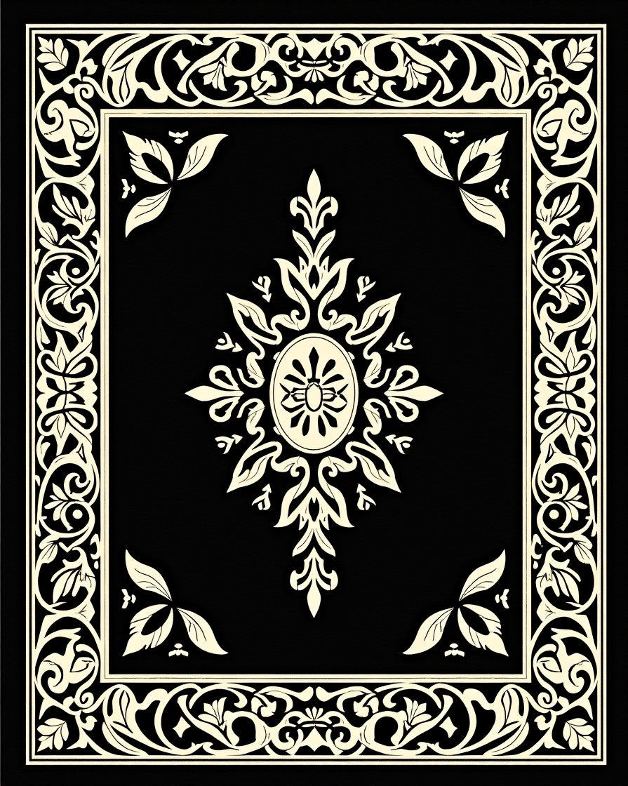 Bold Black Cream Floral Scroll Border Rug