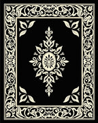 Bold Black Cream Floral Scroll Border Rug